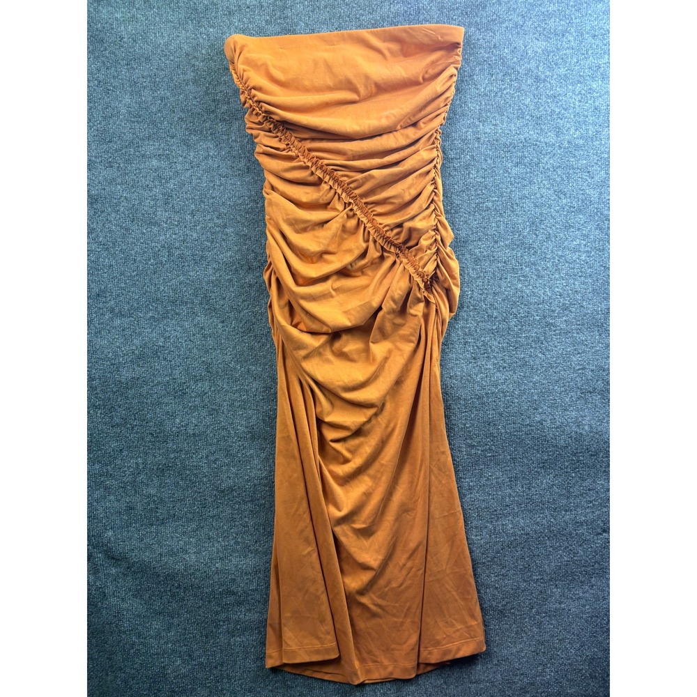 Anthropologie Strapless Dress Womens Medium Orange Ruched Midi Column Stretch